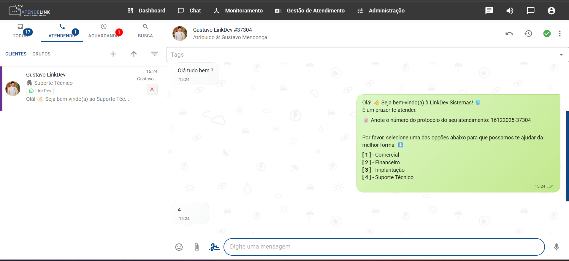 Tela de chat com atendimento aberto